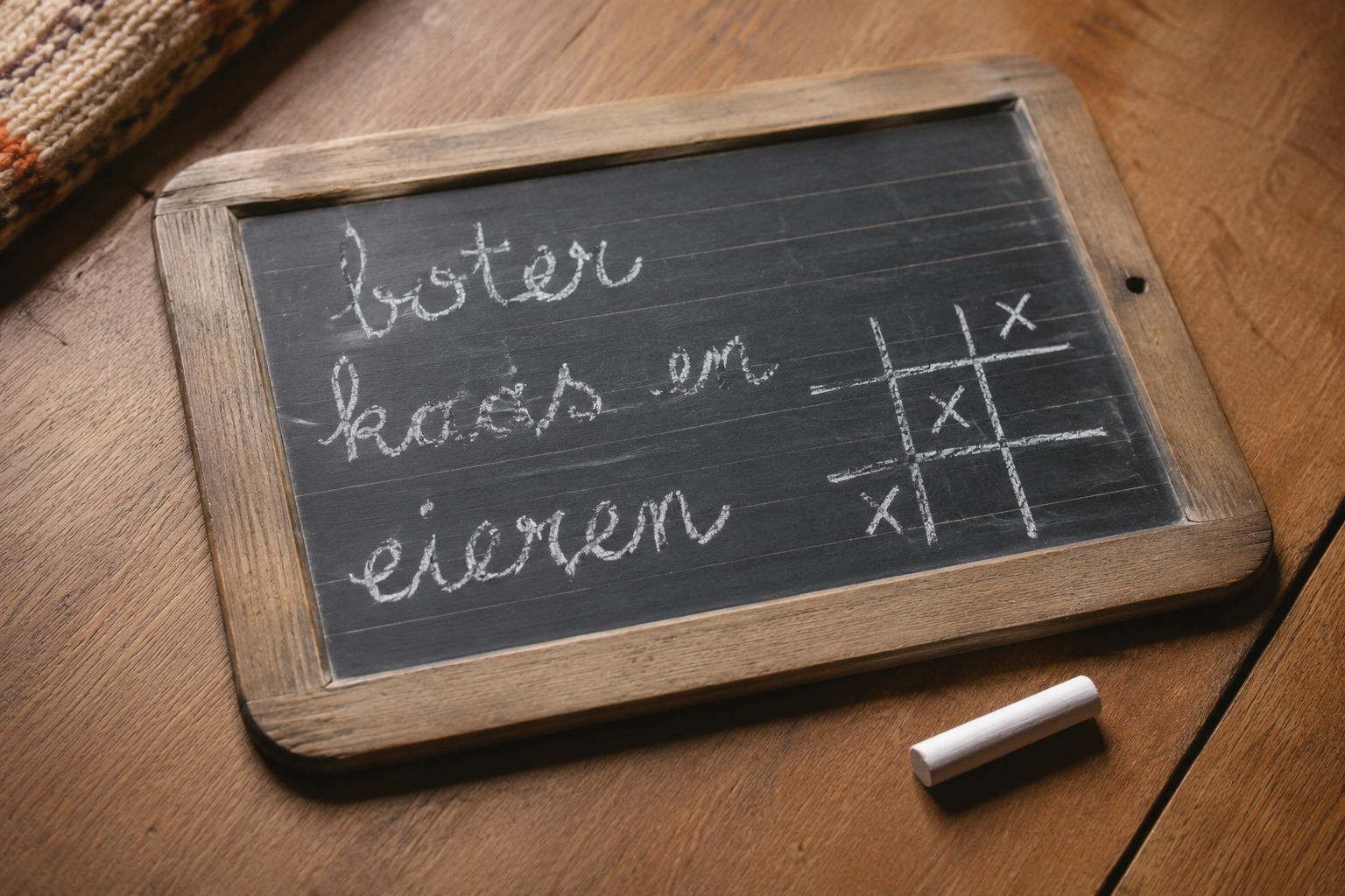 Een schoolleitje met de woorden boter kaas en eieren in krijt en een klein speelveld, dat de herkomst van de naam laat zien
