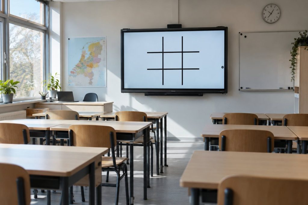 Een digibord in een leeg klaslokaal met daarop een groot boter kaas en eieren raster