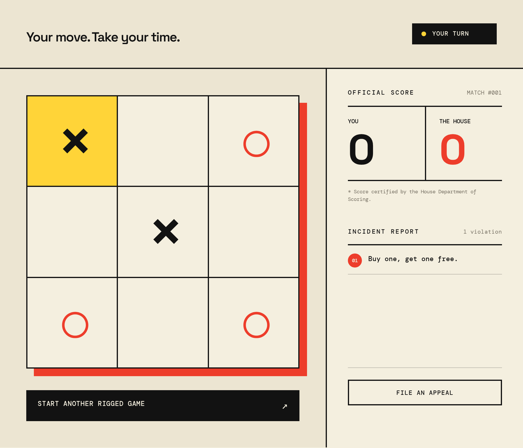 Bord van tictactoe.gripe met twee kruisjes en drie rondjes na twee beurten, incidentenlijst meldt Buy one get one free